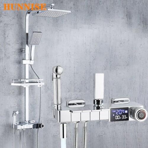 Chrome Piano Bathroom Shower Set Quality Brass Waterfall Bathroom Faucets Rainfall Shower Head LED Dispaly Digital Shower Set