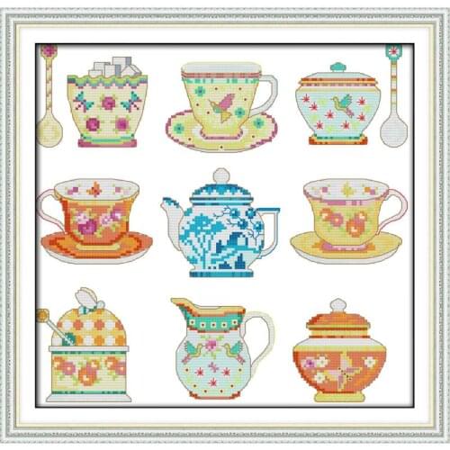Joy Sunday Tea Set Printed Cross Stitch Kit Paintings11&14CT DIY Embroidery Kits Needlework Sets for Home Decor Handmade Gift