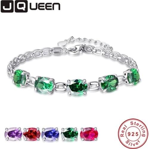 JQUEEN S925 Charm Bracelet for Woman 925 Sterling Silver Oval Gemstone Bracelets & Bangles Classic Wedding Jewelry 6 Colors