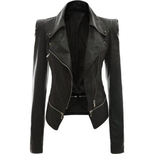 Fashion Women Autumn Solid Color Faux Leather Zipper Lapel Motorcycle Jacket