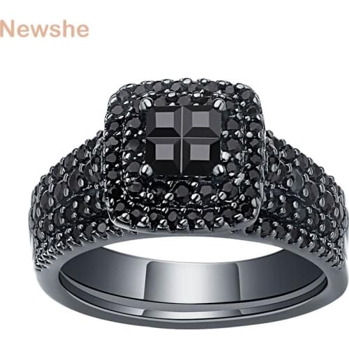 Newshe 2 Pieces Elegant Fashion Black Wedding Engagement Ring Set For Women Cross Cut AAA Cubic Zircon Jewelry QR0763WG