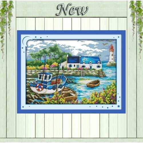 Scenery of port light tower diy paintings Counted print on fabric Cross Stitch Needlework kits DMC 14CT 11CT NKF Embroidery Sets