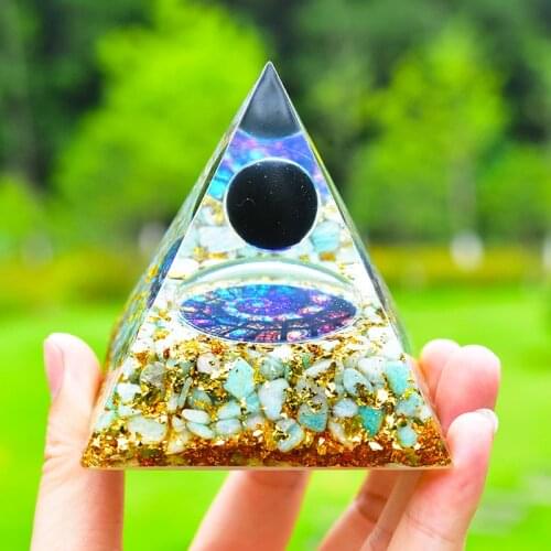 Chakra 3D Rune 7cm Orgonite Pyramid Amazonite Obsidian Crystal Sphere Handmade Energy Orgone Pyramid For Improve Career Luck