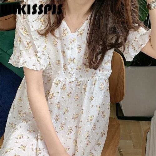 WIKISSPJS Pajamas, Cotton Jacquard Sleeping Dresses, Womens Summer Short Sleeves Long Skirts, Home Clothes