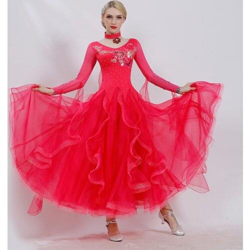 H2597 Women Modern Dance Dress Waltz Performance Dresses Ballroom Dancing Competition Big Hemline Long Sleeve Plus Size Costumes