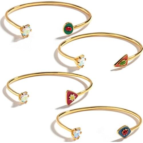 Simple Elegant Cute Leaf Flower Ladybug Bracelet Fashion Party Jewelry Women Gift Enamel Copper Cuff Bracelets