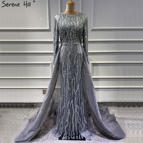 Grey Mermaid Luxury Dubai Designer Evening Dresses Beading Sequined Fashion Long Sleeves Evening Gowns 2020 Serene Hill LA6302