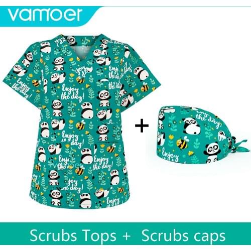 Scrubs Tops with Pockets V Neck Shirt for Women Short Sleeved Pet Grooming Uniforms Cartoon Printing Scrubs Uniforms shirt