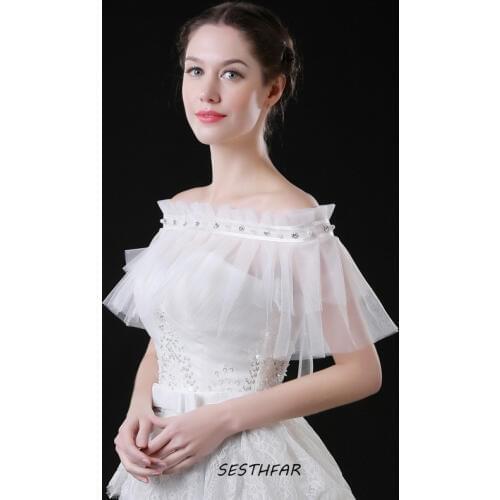 Wedding Wrap Thin Shawl Section Wedding Dress Shoulder Yarn Simple Word Shoulder Small Cloak Pearl Drill PJ069