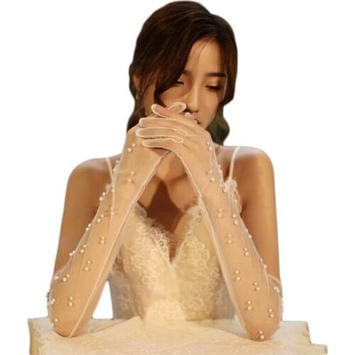 Bridal Gloves White Tulle with Pearls Opera Party Long Gloves 22" Elbow Length Wedding Sheer Gloves for Banquet