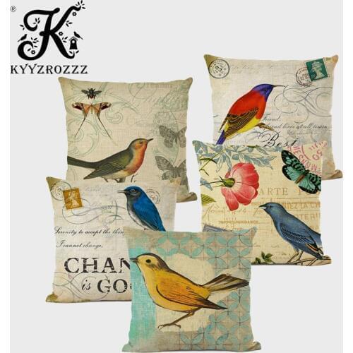 Colorful Vintage Style Decorative Animal Throw Pillowcase Parrot Flamingo Butterfly Stamp Cushion Cover for Sofa Pillowcase