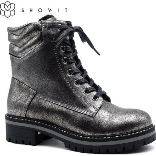 Gunmetal Fall-winter season womens ankle boots High-quality fashion females footwear with lacing dirty metal Autumn lady boots