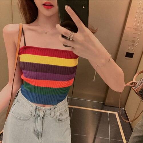 Women Corset Tops Rainbow Striped Knitted Camisole Womens Tube Top Tank Camis Crop Top For Women