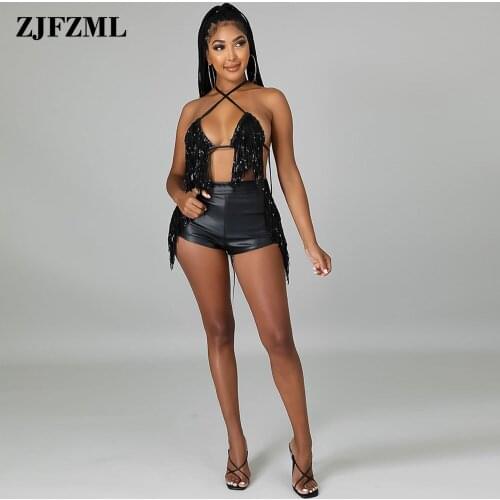 Sequin Tassels Patchwork 2 Two Piece Outfits Women Sexy Pink Cleavage Backless Crop Top+high Waist PU Short Midnight Suits