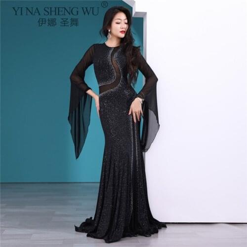 Belly Dance Dress Round Neck Sequins Long Skirt Flared Sleeves Competition Clothes Woman Elegant Performance Practice Clothing