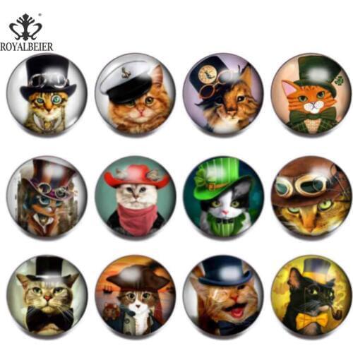 12pcs/lot Newest 18mm Glass Round Snap Button Mix Cute Cat Snaps fit DIY Snap Necklace Bracelet for Women Jewelry KZ0809