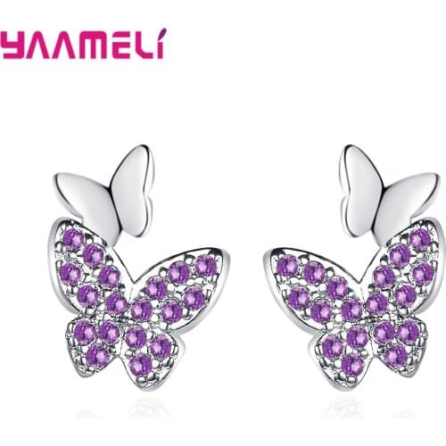 925 Sterling Silver Stud Earrings New Fashion Amethyst Purple Cubic Zircon Butterfly Ear Brinco Pendientes Wedding Party Jewelry