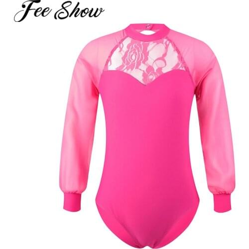 Ballet Leotards For Girls Mesh Long Sleeve Lace Embroidered Flower Open Back Dance Wear Kids Dance Gymnastics Leotard Bodysuit