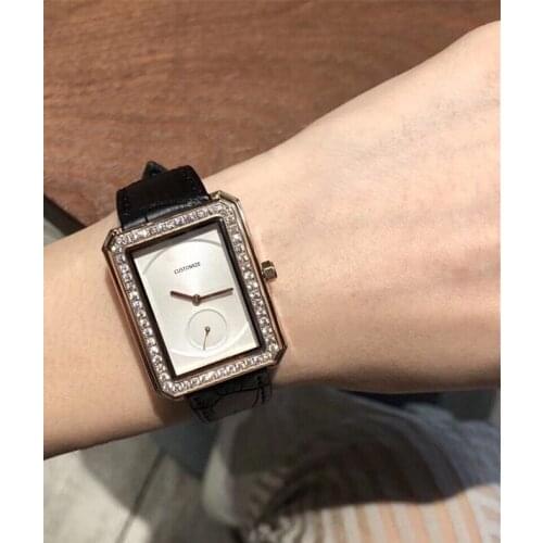 Luxury Brand Genuine Leather Watch black Rectangle Quartz Wrist watch Clock Women BoyFriend Watches real cow leather boy friend