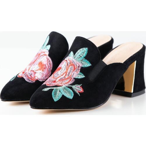 COOLULU 2020 Women Pointed Toe Mules Square High Heel All Match Ladies Pumps Shoes Women Embroider Pumps Shoes Size 33-43