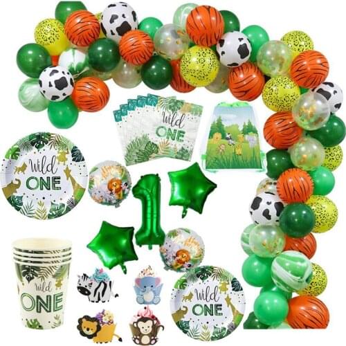 Birthday Jungle Party Disposable Tableware Set Jungle Theme Paper Plate Straw Cup napkin Wedding Party Decor Kid Wild One Ballon