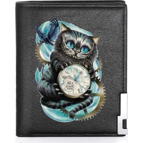 Classic Steampunk Cat Alice in Wonderland Printing Leather Mens Wallet Credit Card Holder Short Male Slim Purse