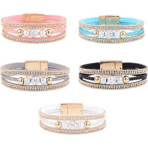 Shellhard Boho Multilayer Leather Magnetic Wristband Bracelet Luxury Crystal Ball Beads Bracelets Bangles Women Jewelry Pulsera