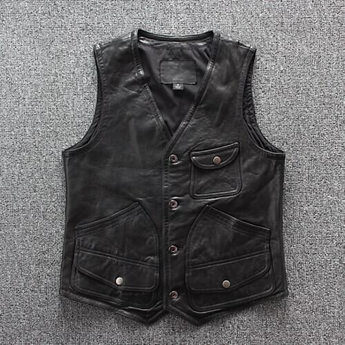 Real Mens Vest Spring Genuine Leather Sheepskin Sleeveless Jackets Black Multi Pocket Short Slim Casual Waistcoat