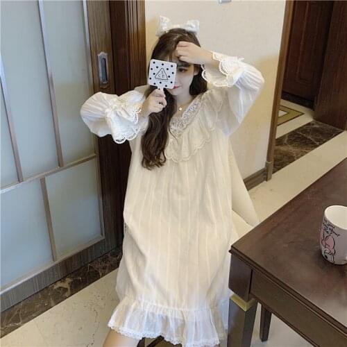 Nightdress sweet palace style sleepwear home clothes lace long-sleeve dress sexy bathrobe white loose nightwear ночнушка