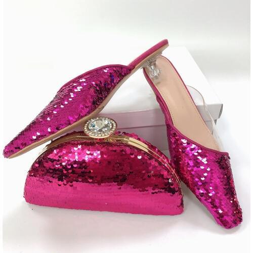 European New Novelty Low Heels Shoes And Bag Sets Italian Sequins Woman Shoes With Matching Bags For Wedding Dress Size 38-42
