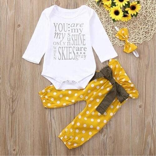 Infant Baby Girl Clothes Letter You are my sunshine bodysuits+Pants+Bow Headband 3PCS Newborn Girls Jumpsuit Sets