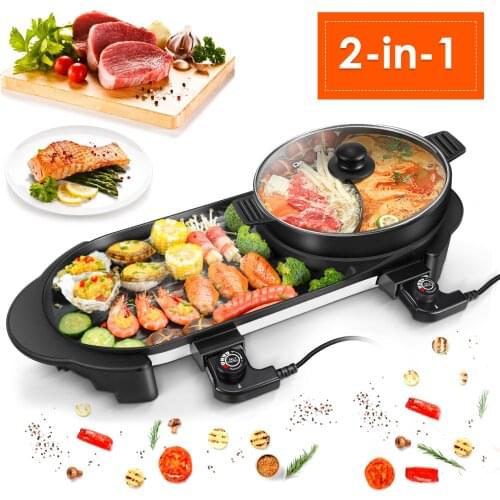 Portable Electric Grill Barbecue Grill Indoor Hot Pot Chafing Dish Large Capacity Household Multifunctional Non-Stick Pan Cooker