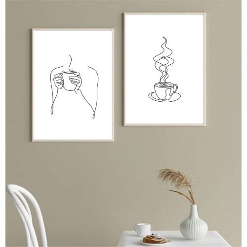 Hands Cup Abstract Line Drawing Posters Coffee Art Canvas Painting Black And White Wall Art Print Pictures Kitchen Home Decor