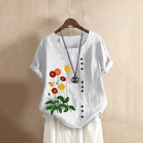 Casual Women Blouse Plus Size O-neck Print Floral Loose Button Tunic Shirt Blouse Tops Summer Pullover Shirt Blusas Mujer