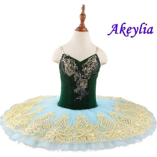 Adult Performance pancake tutu velvet for Girls Handmade Ballet Tutu dress green with blue child pre-professional tutu skirt