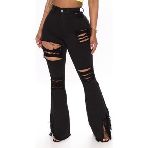 Women Flare Jeans Fashion Stretch Ripped Hole Tassel Distressed Black Pants Women Casual Skinny High Waist Blue Jeans Streetwear