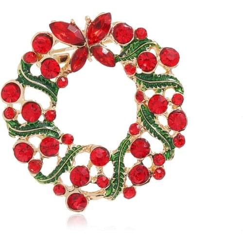 Christmas Enamel Wreath Leaf Butterfly Brooch For Women Girl Men Pin Red Zircon Inlay Fashion Jewelry Accessories Gift Party