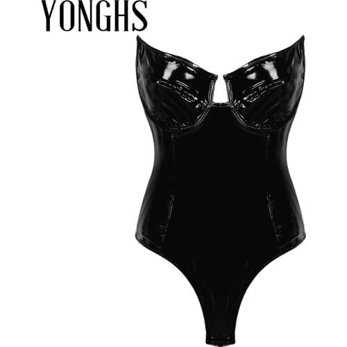 Sexy Womens Patent Leather Erotic Lingerie Bodysuits Leotard Costumes Hot Underwired Cup High Cut Thong Latex Catsuit Nightwear