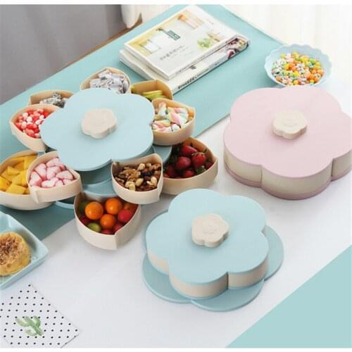 Single Petal-Shape Rotating Snack Box Candy Tray Food Storage Box Wedding Candy Plates Double-deck Dried Fruit Organizer Storage