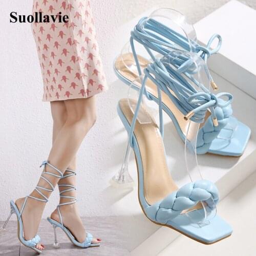Suollavie 2021 Summer Women Sandals Lace Up Female Shoes Ladies New Weave Peep Toe High Heels Ankle Narrow Band Zapatos Mujer