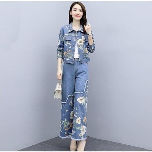 Fashion 2020 Autumn 2 Piece Sets Womens Outfits Jeans Floral Jackets Wide Leg Pants Denim Patchwork WomenS Pantsuit AA5517