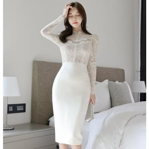 Sheer Elegant Lace Women Dresses Summer 2021 Long Sleeve Slim New Arrival Korean Fashion White Dress Ladies Midi Bodycon Dress