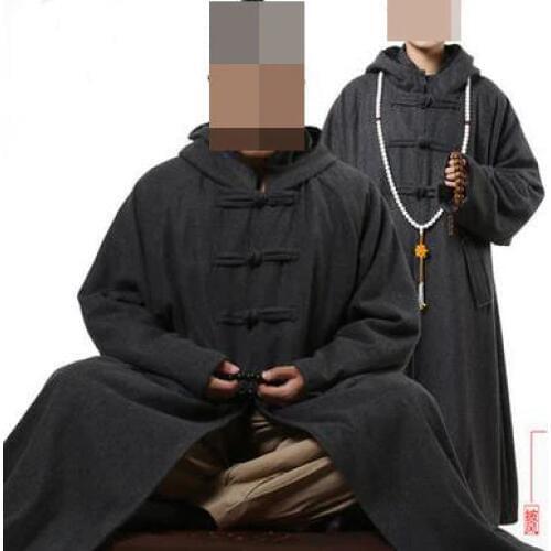UNISEX Winter Wool tweed buddhist monks cape zen robemeditation cloak lay coat gownabbotnun uniforms martial arts suitgray