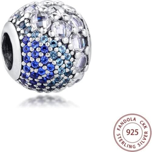 100% 925 Sterling Silver Blue Enchanted Pave Charm, Blue & Clear CZ Beads Fits Europe Bracelet DIY Jewelry Making