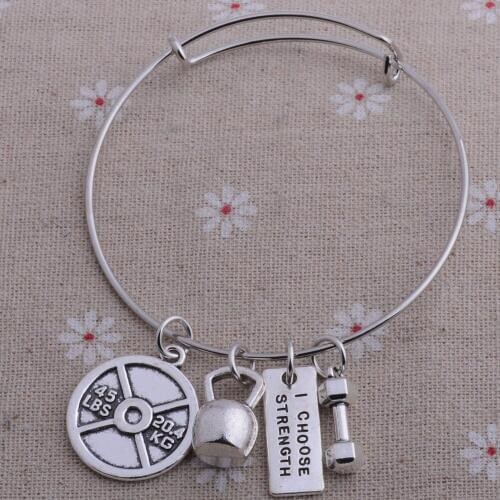 Bespmosp 12pcs/Lot I Choose Strength Barbell Charm Bangle Kettle 45LBS Metal Plate Dumbbell Bracelet Gym Weightlifting Wholesale