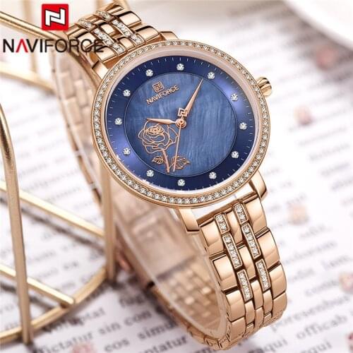 NAVIFORCE Top Luxury Brand Women Watch Rhinestone Quartz Lady Waterproof Wristwatch Rose Gold Stainless Steel Female Clock 5017