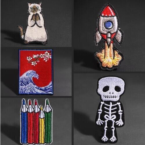 Color crayon cartoon patch Bags hats decoration skeleton rocket badge Japanese style landscape Square patch Lovely cat
