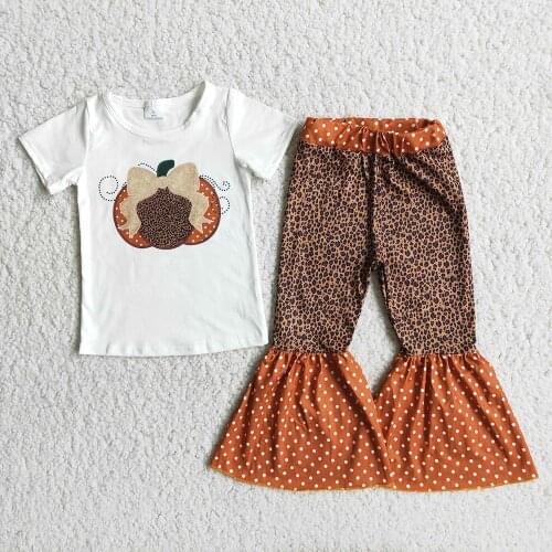 Thanks Giving Day Kids Short Sleeve Outfit Girl O-Neck White Top Match Leopard Print Bells 2Pieces Set Children Pumpkin Clothes