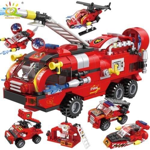 HUIQIBAO TOYS 387pcs Fire Trucks 6IN1 Car Helicopter Boat Building Blocks Set 6 Firemen Figures city Bricks Toy for Children