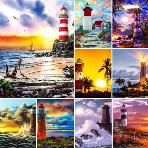 5D DIY Diamond Painting Scenery Lighthouse Cross Stitch Kit Full Square Embroidery Mosaic Art Picture of Rhinestones Wall Decor